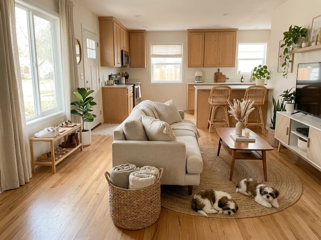 soft natural lighting, a clear counter, neatly arranged blankets in a basket, tidy shoes by the entry, a clean coffee table, and two adorable brown and white shih tzu puppies resting comfortably in the room - The Lazy Girl’s Easy Guide to a Tidy Home