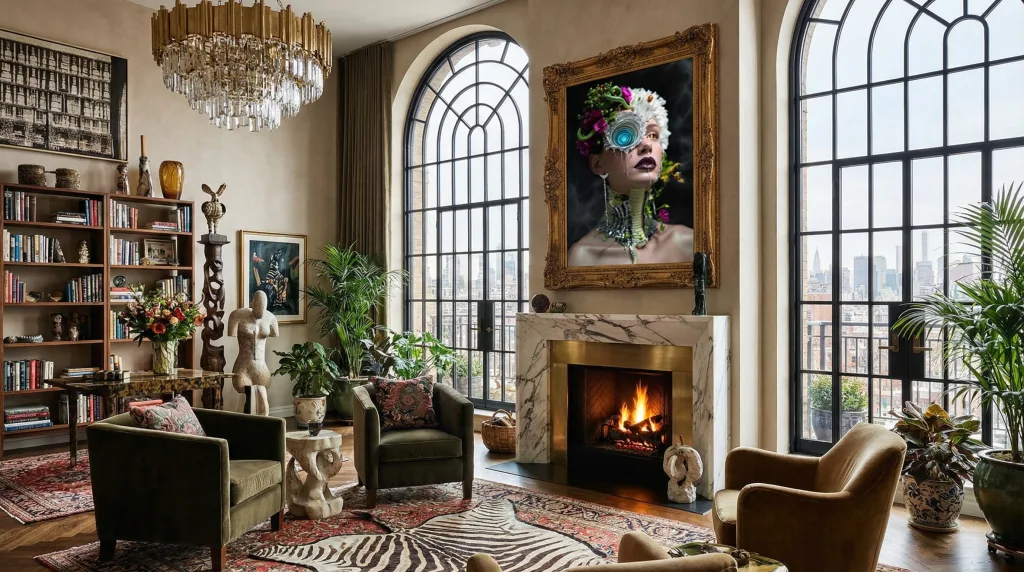 Luxury home with nature inspired oversized wall art, art decor, tribal decor, large black wall height windows, chandelier, fireplace, gold home decor accents and plants