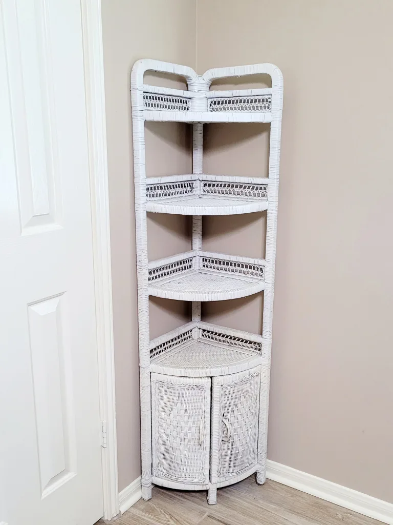 FB Market place rattan wicker painted corner shelf makeover. Boho Glam Bliss: Budget Guest Bedroom Transformation For Under $1000