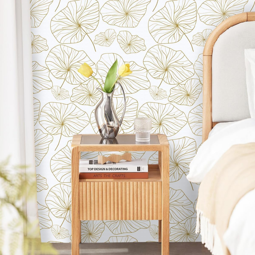 Gold and White Lotus Wallpaper Peel and Stick Wallpaper Boho Floral Contact Paper Lotus Leaf Removable - Lani Does It