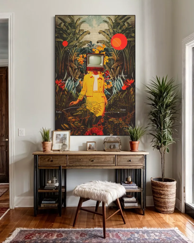 TV head woman large artwork canvas above desk Big Wall Decor Trend 2026: The Fastest Way to Make Your Home Look Expensive