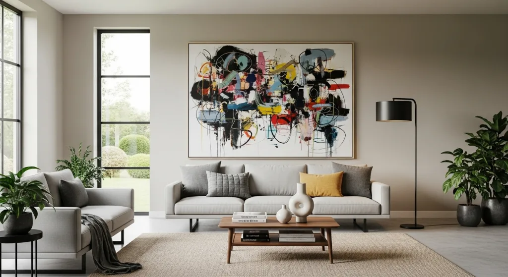 Large big wall decor with graffiti multi color oversized wall art above the sofa in a modern contemporary styled home