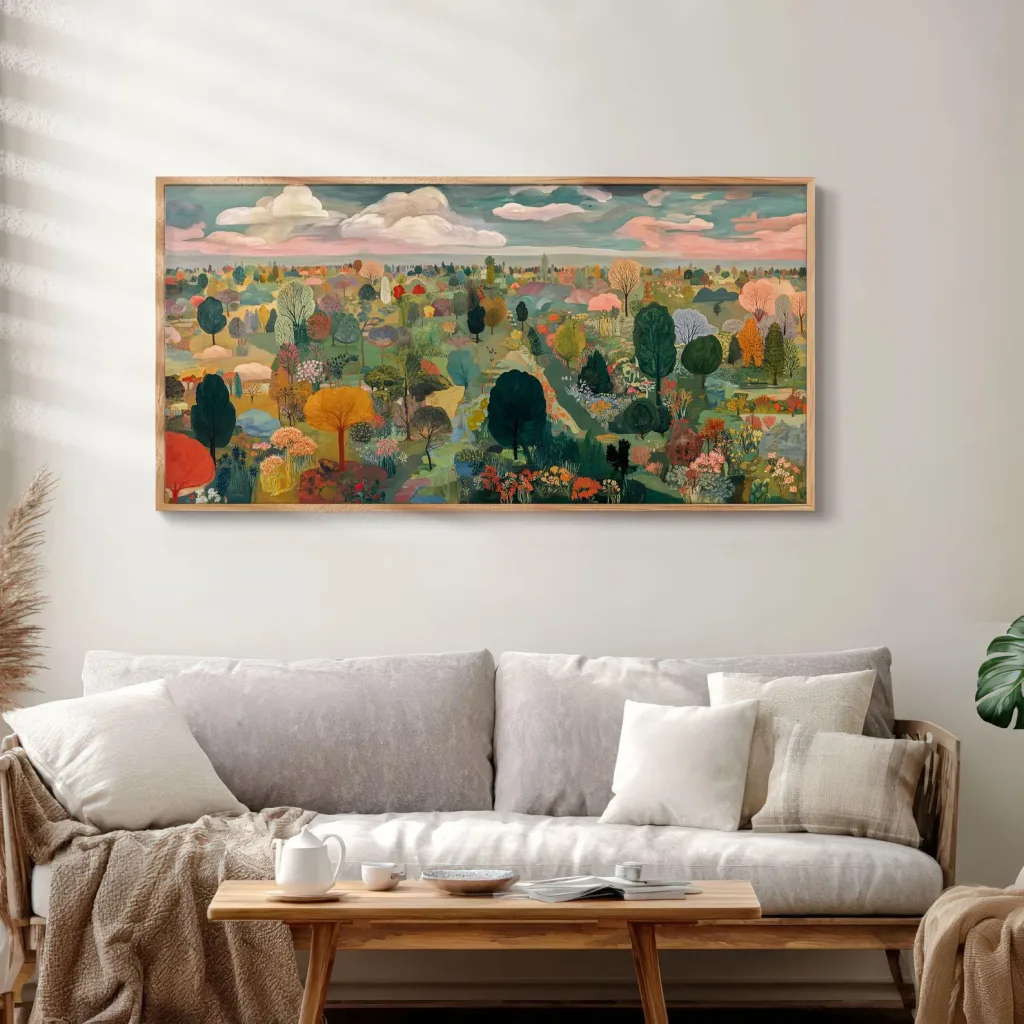 Large Colorful Field Landscape Painting Home Decor above a wood frame sofa with neutral cushions and pillows