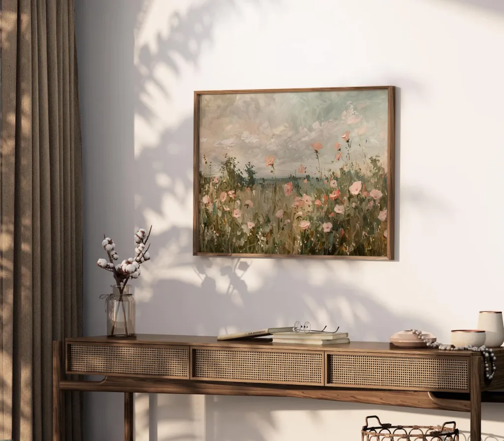 Vintage Pastel Wildflower Field Painting hanging above a vintage wood console table. Big wall decor, beautiful vintage details.