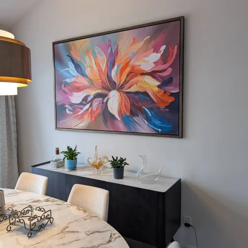 Beautiful giant colorful single blooming flower painting big wall decor on wall in dining room