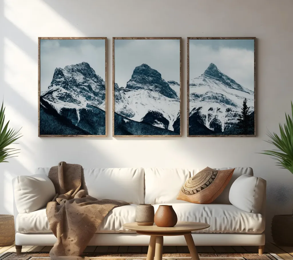 Three Sisters Mountain Triptych Print Set Big Wall Decor on wall above the sofa in a stylish home