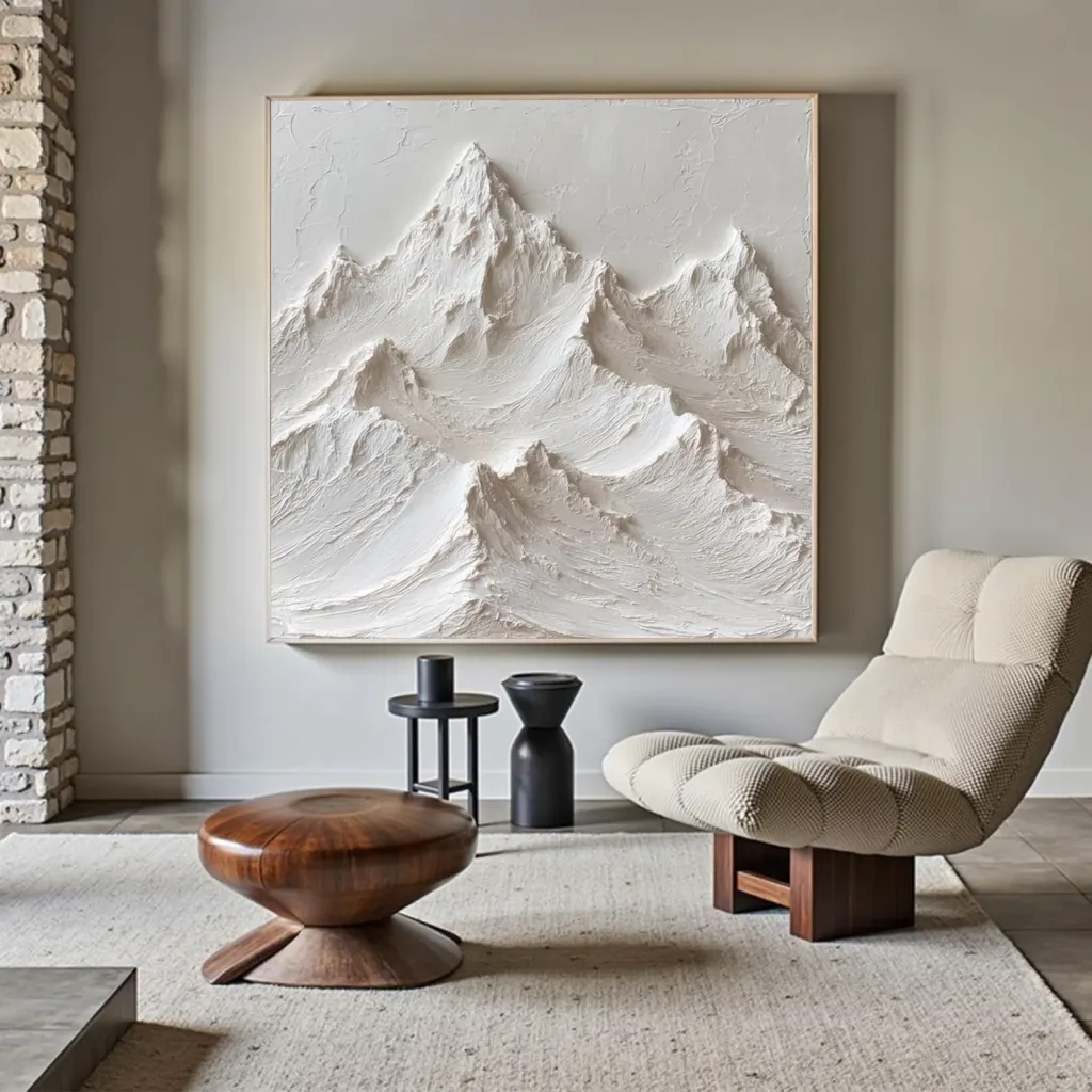 Mezmerizing oversized Textured White Mountain Painting on the wall. It loooks like white 3D mountains. Beautiful luxurious textured painting.
