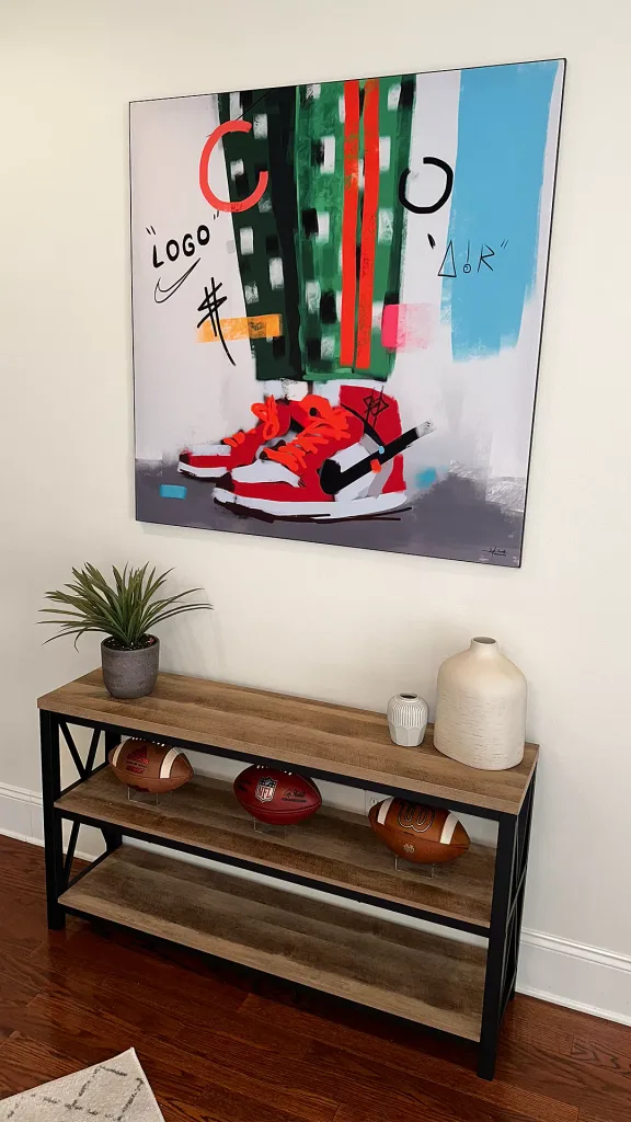 Urban colorful Big Wall Decor above a bookshelf in a male or sports lovers living space