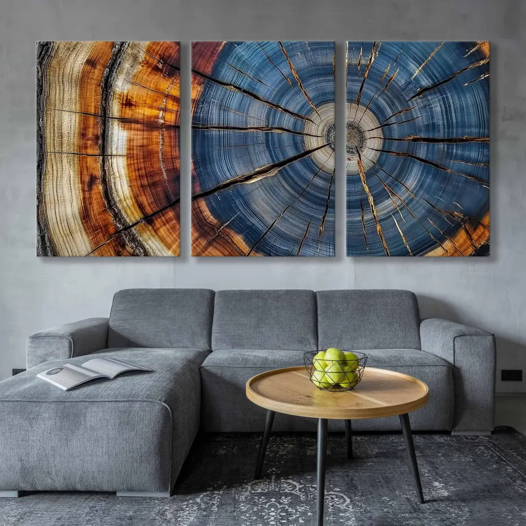 XXL Oversized multi-color nature inspire Triptych Tree Rings Canvas Art obove a L-shape cozy sofa.