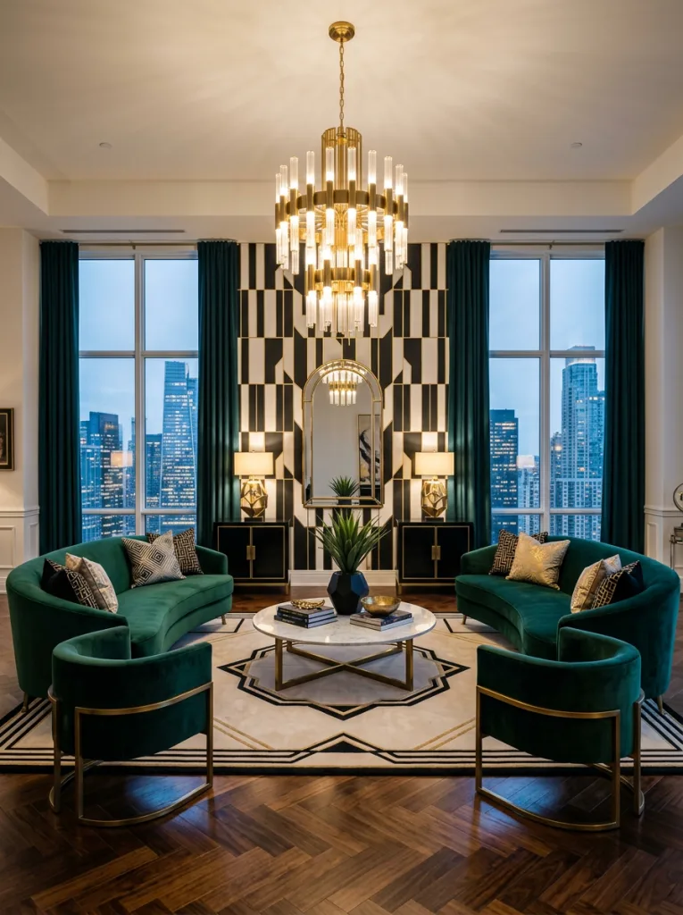 Emerald Green Black White Art Deco Penhouse Living Room
