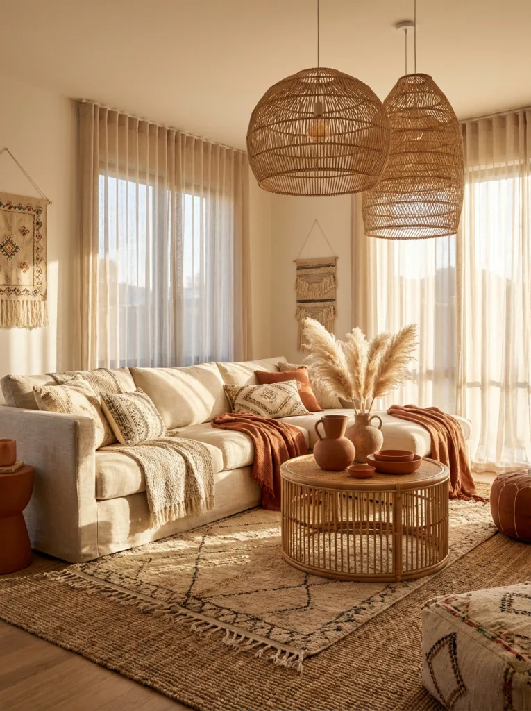 Boho style living room with layered textiles, and natural textures