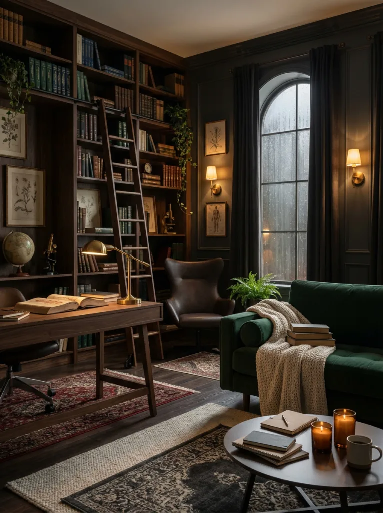 academia home decor living room moody interior design