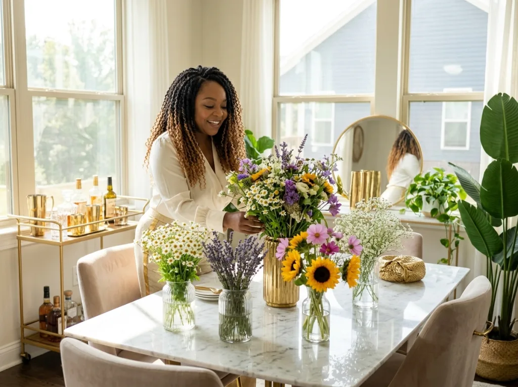 Black woman in a luxe home arranging wild flower floral arrangements