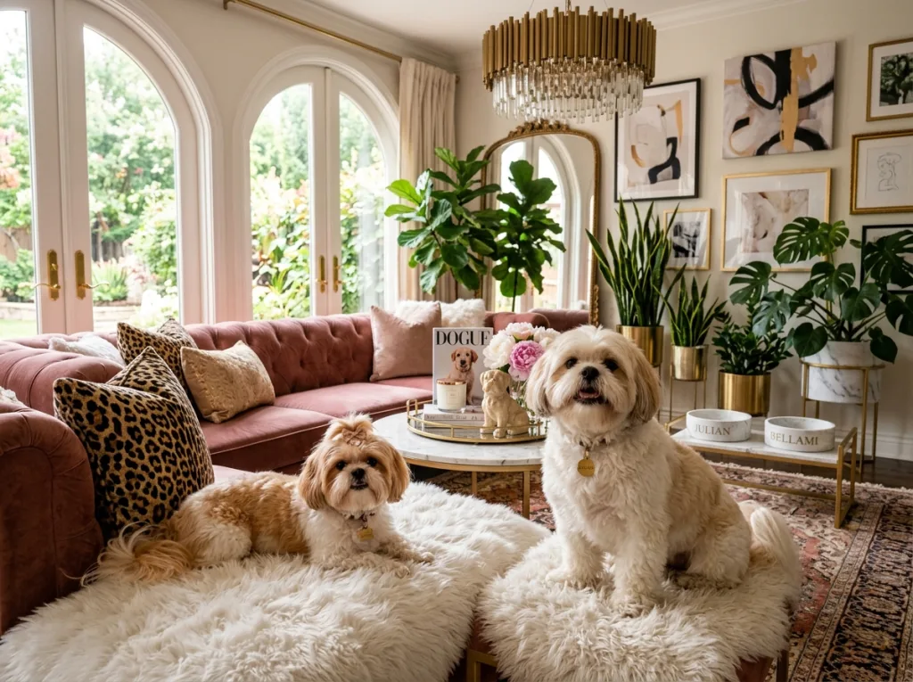 Shih Tzu Puppies in a Pet Lover Chic Modern Feminine Stylish Living Room with tropical plants, tall arched windows.