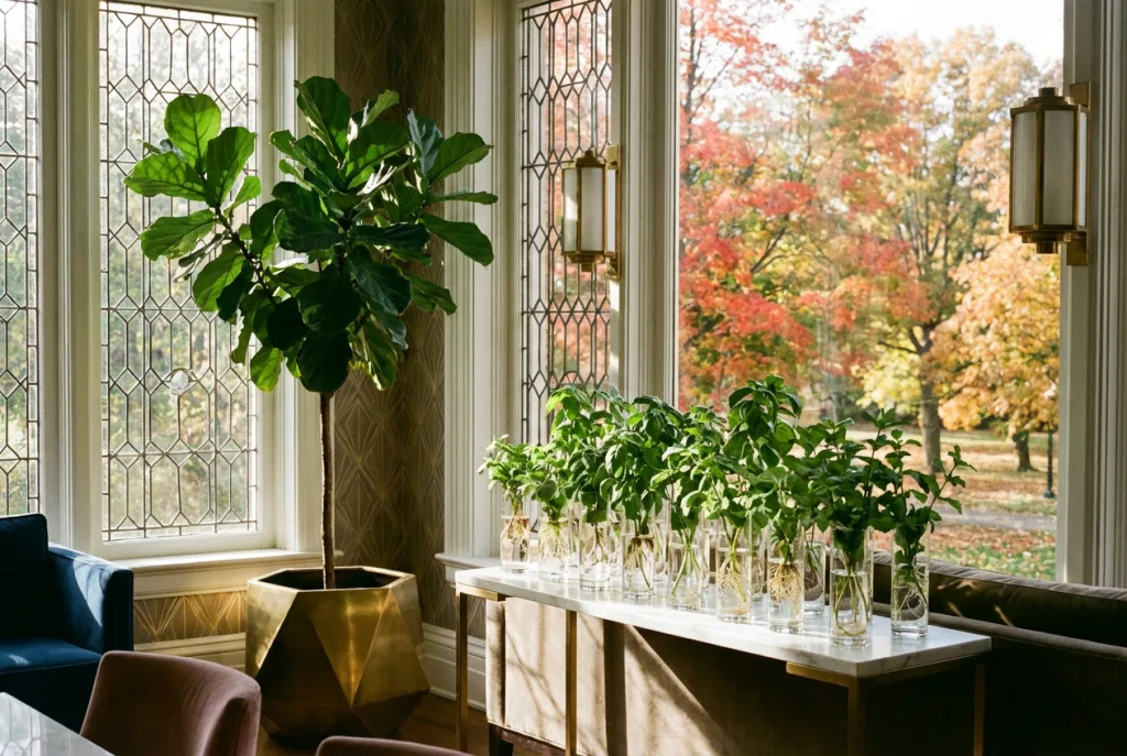 Plant cuttings in jars with roots growing against a window in a stylish home