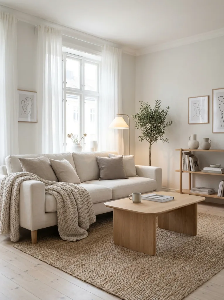 Scandinavian living room with light wood furniture and neutral minimalist decor