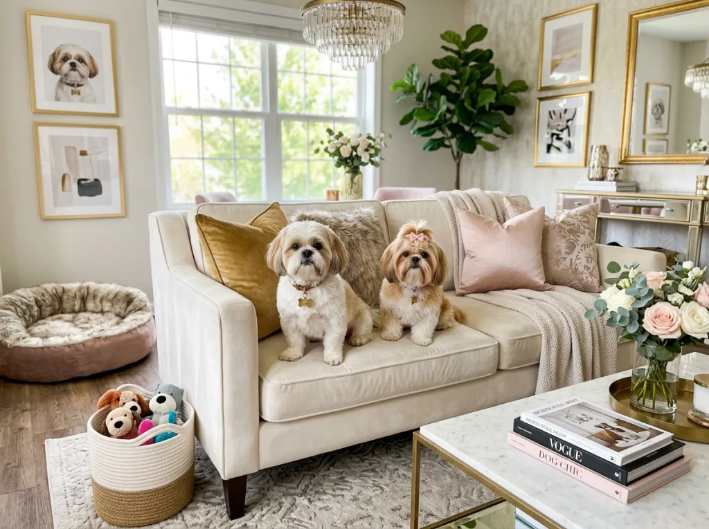 Shih Tzu Puppies in a Pet Lover Chic Modern Feminine Stylish Living Room with plants
