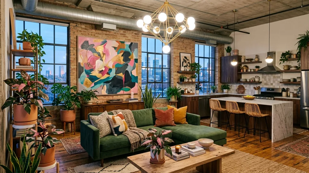 Vivid Modern Urban Boho Open Space Living Room and Kitchen