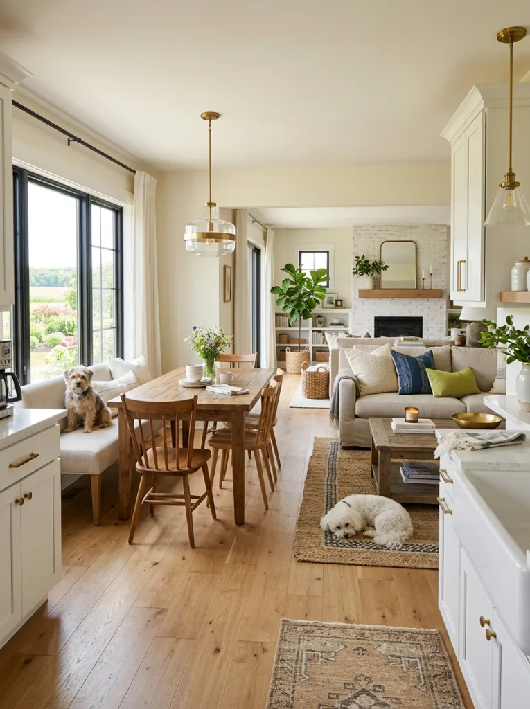  farmhouse tables, vintage-inspired lighting, soft neutral palettes, and natural textures like linen, cotton, and reclaimed wood.