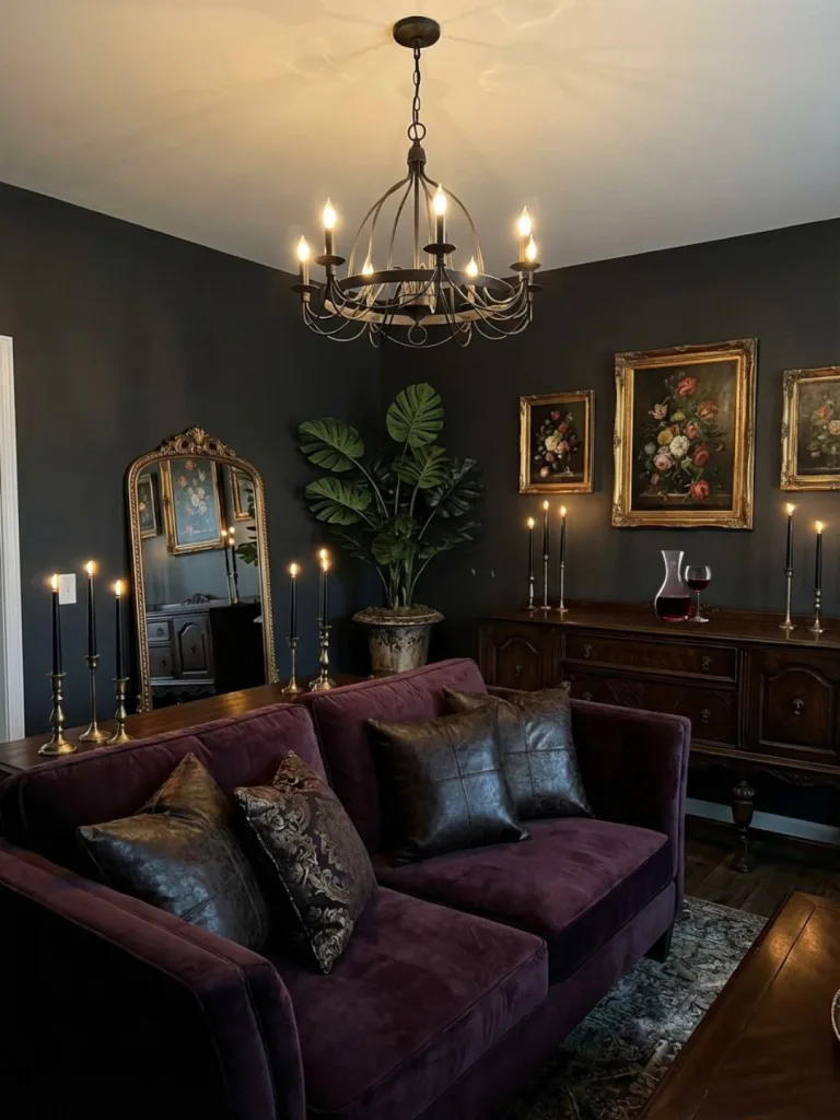 Gothic inspired living room with dramatic decor and dark romantic atmosphere