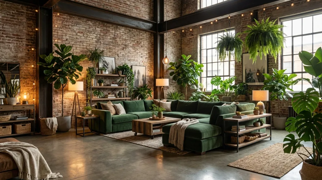biophilic industrial modern home living room open space