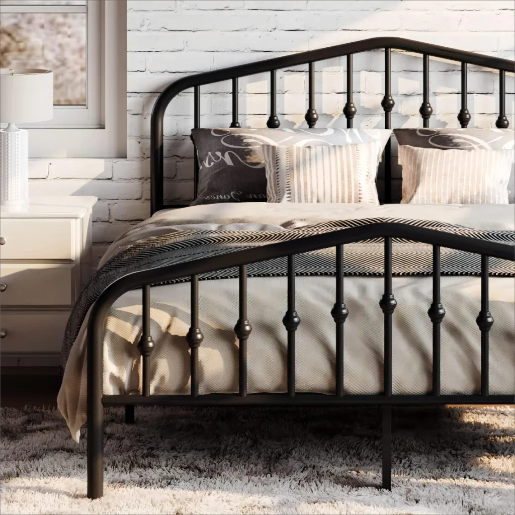 Black Metal Victorian Platform Bed in Country Cottage Styled Bedroom