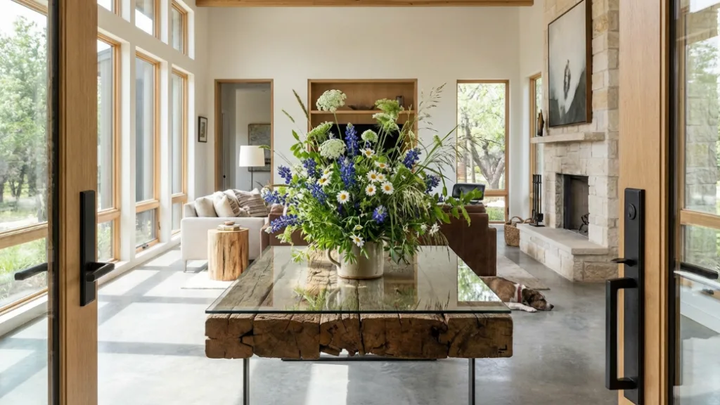 Upscale home entryay into a open space home with a luxury stunning wildflower floral arrangement centered on a curated wood slab table with a glass top - Lani Does It