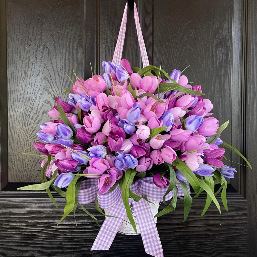 Purple and Lavender Tulips Spring Wreath on black door