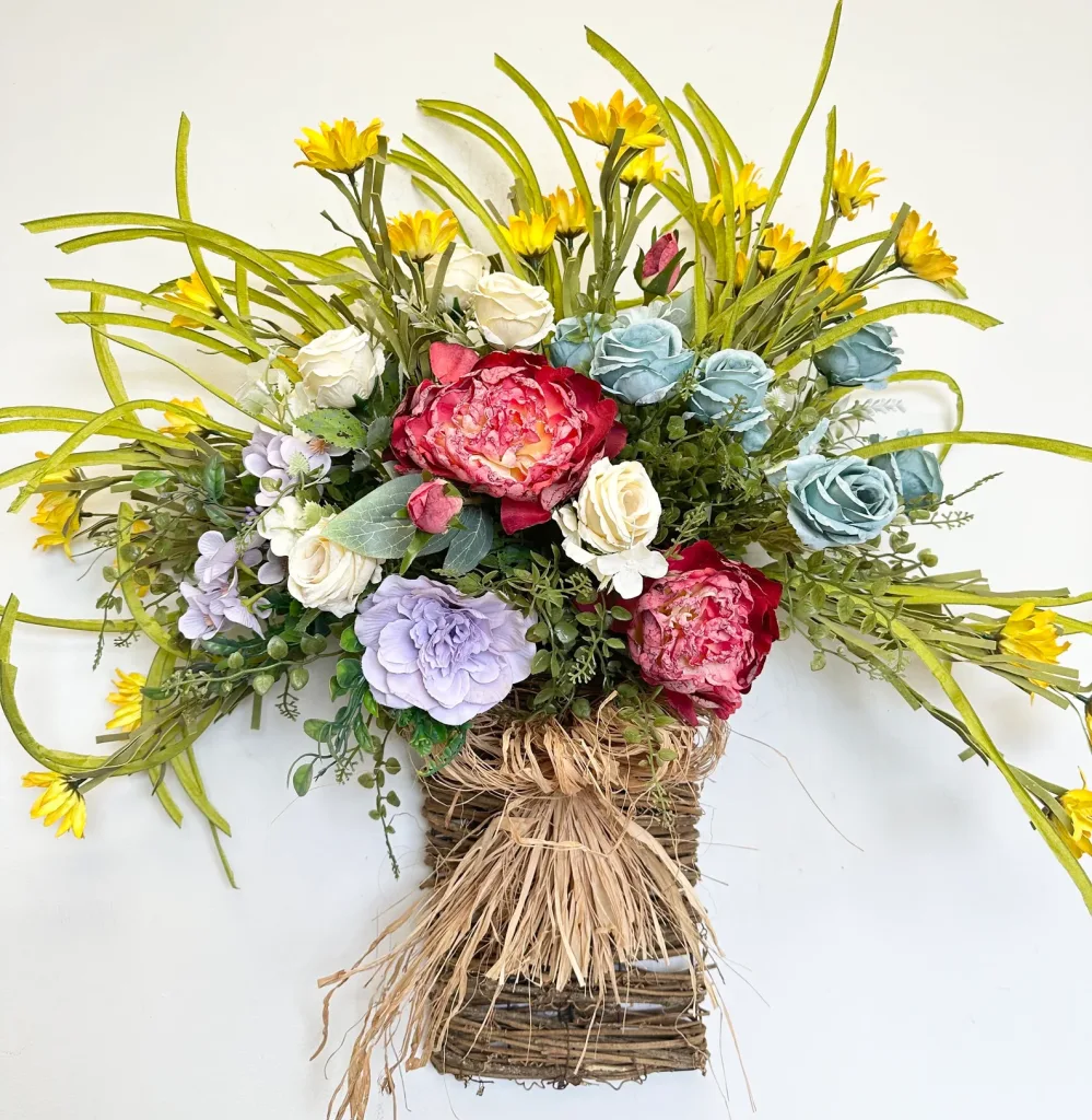 Colorful Rose Peony Hydrangea Basket Wreath