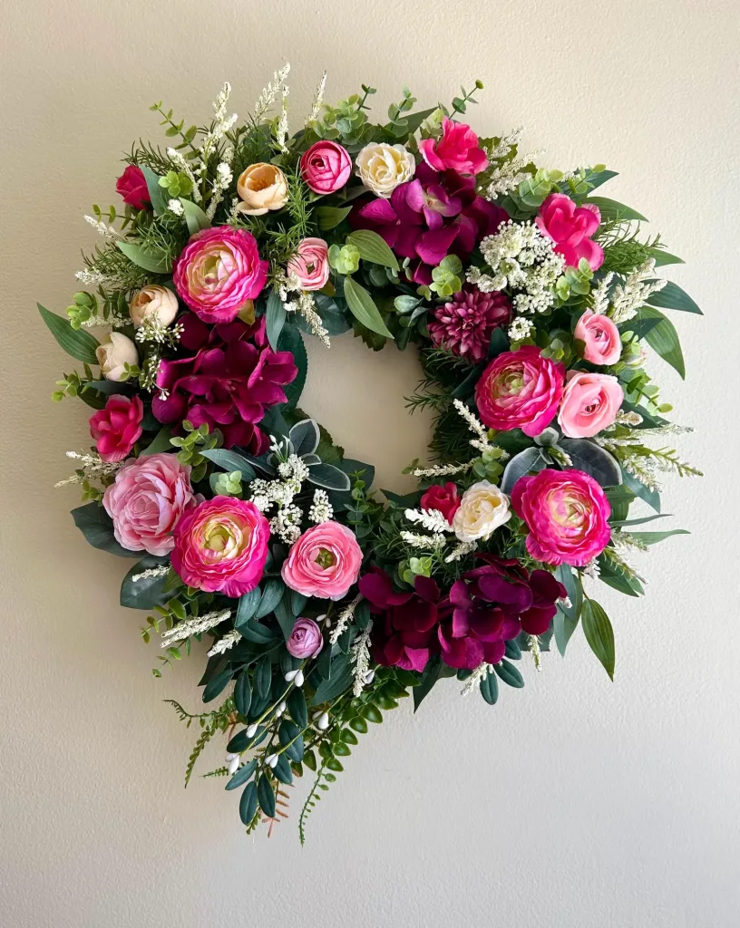 Pink Floral Ranunculus Hydrangea hanging Door Wreath