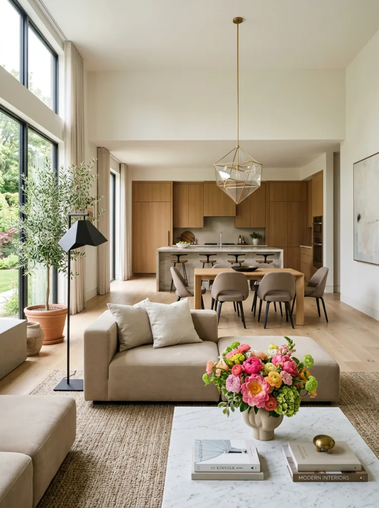 modern contemporary open space home with elegant stylish home accents overlooking the kitchen and outdoors