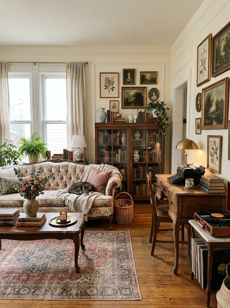 Vintage living room with antique furniture and collected decor pieces