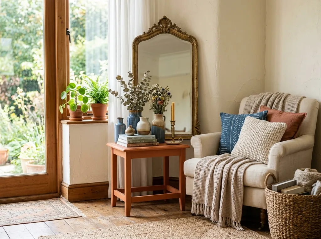 Cozy vintage traditional readingnook with ornate mirror and outdoor view - lani does it
