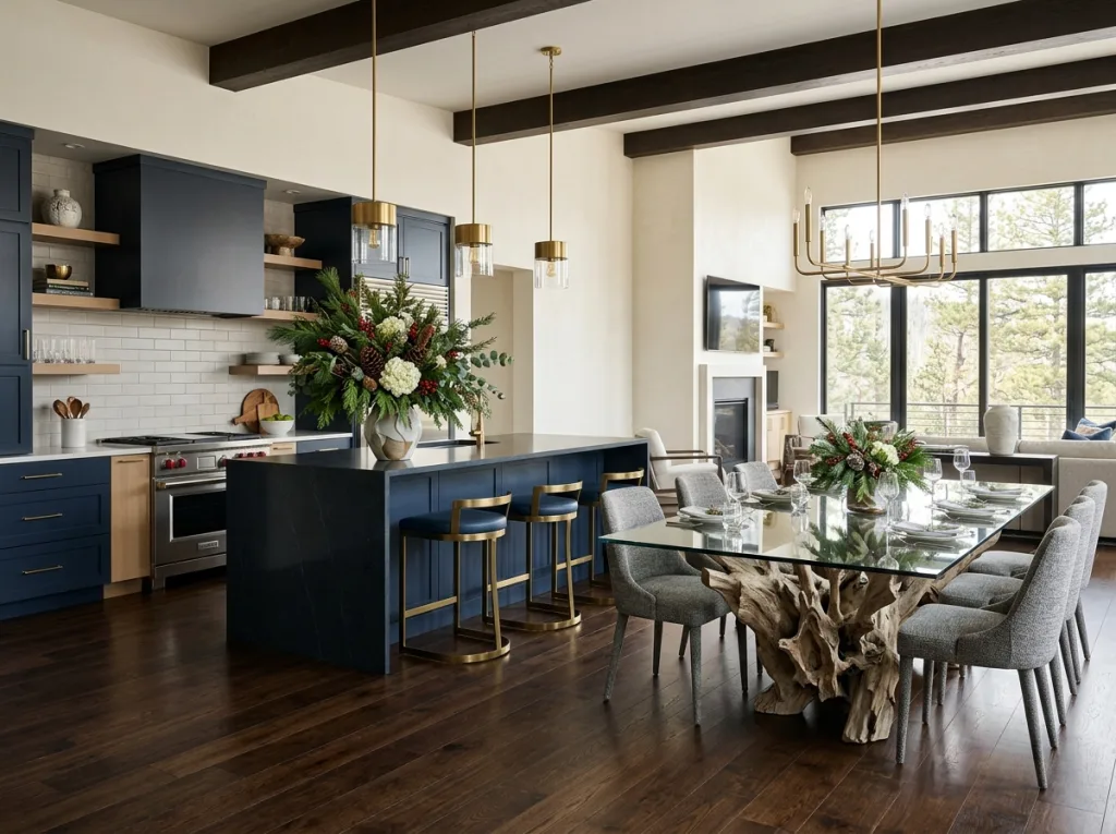 Drift-wood-large-dining-table-open-space-contemporary-kitchen-stunning-large-floral-arrangment