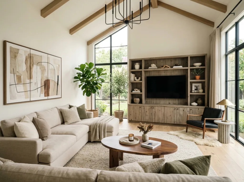 Modern open floor plan family room with driftwood-style TV entertainment center, neutral sofa, indoor plants, and abstract wall art in a bright, natural space.