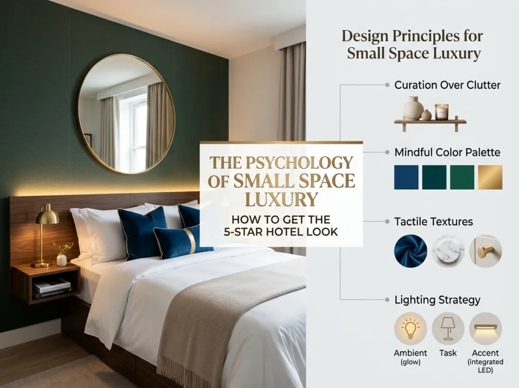 The Psychology of Small Space Luxury: How to Get the 5-Star Hotel Look in a bedroom. Gold mirror on the wall.