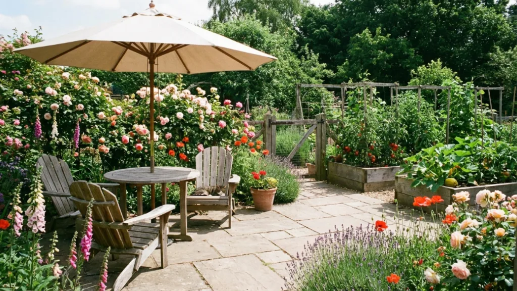 Spring garden beautiful florals and greenery with backyward pavement