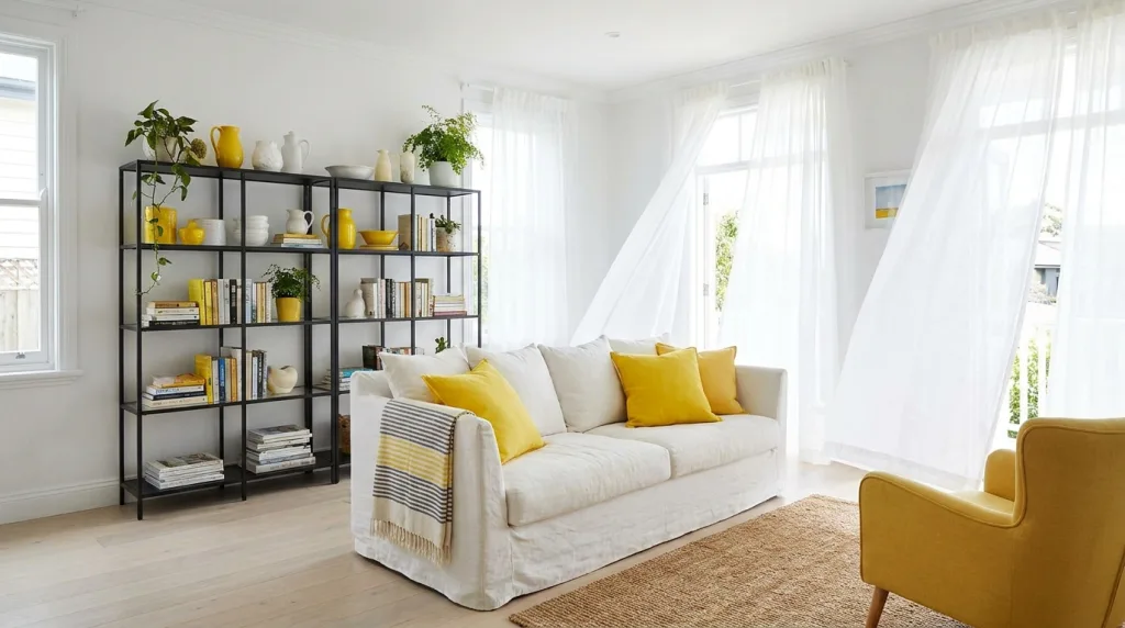 Minimalist summery living room with white flowy curtains