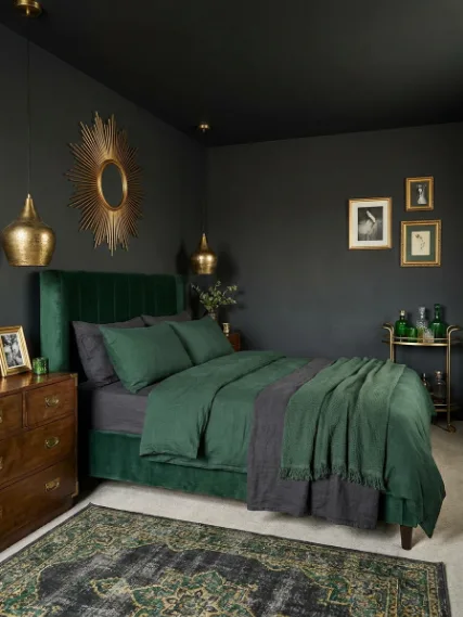 The Honest Truth About the 60-30-10 Rule in Interior Design - Luxurious Small Charcoal and Green Bedroom