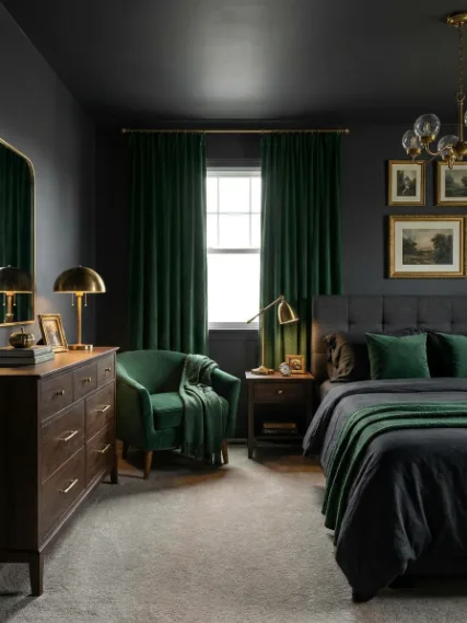 The Honest Truth About the 60-30-10 Rule in Interior Design - Luxurious Small Charcoal and Green Bedroom