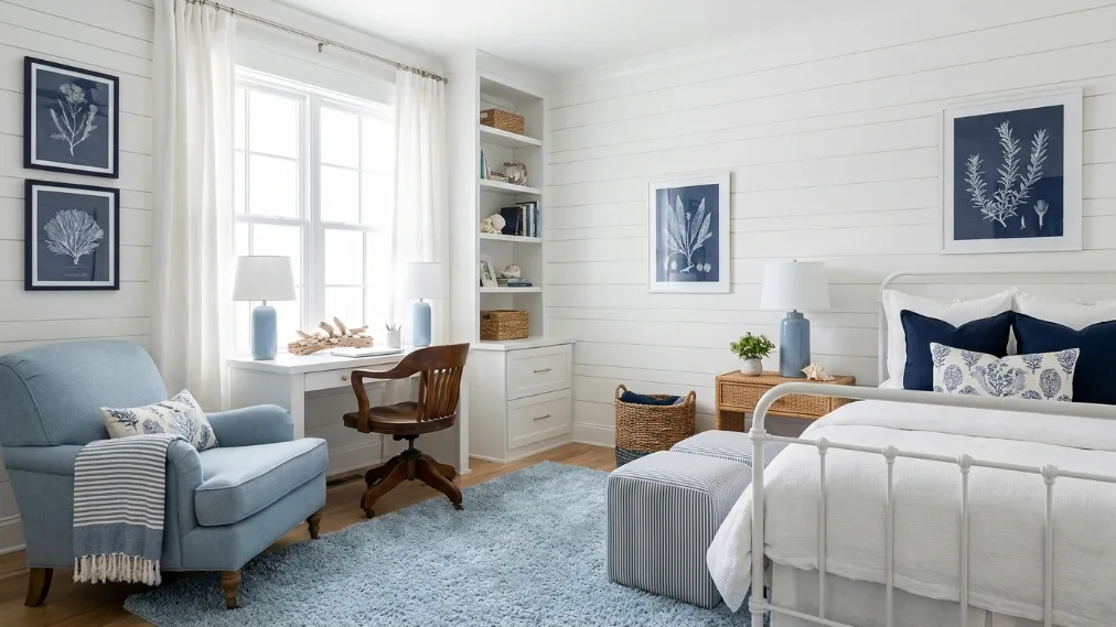 The Honest Truth About the 60-30-10 Rule in Interior Design - Coastal Themed Bedroom with Office