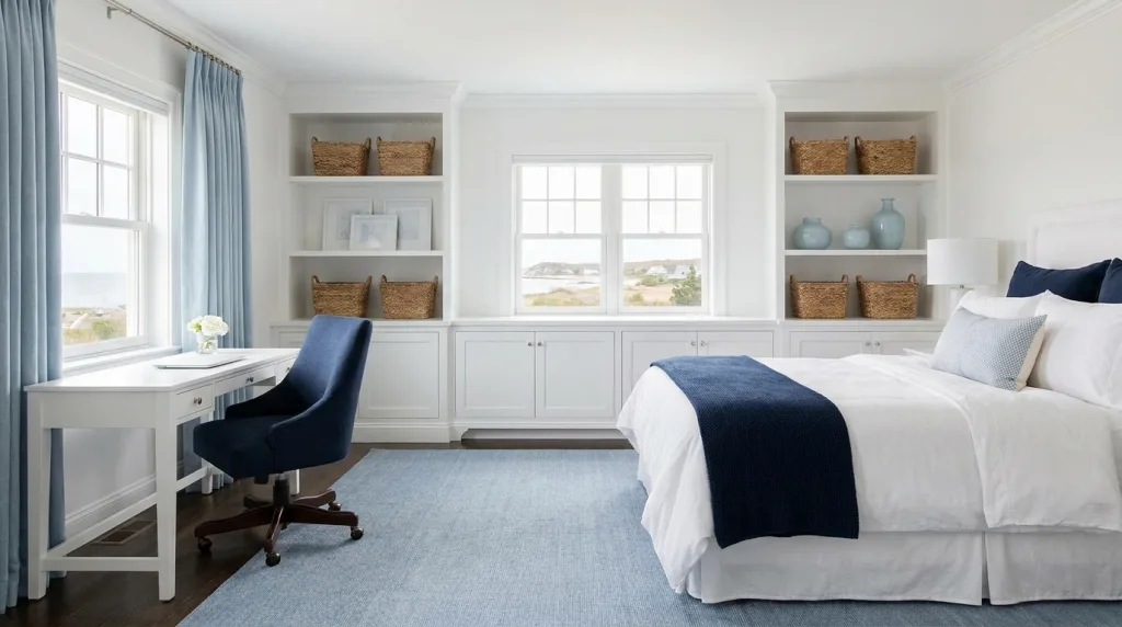 The Honest Truth About the 60-30-10 Rule in Interior Design - Blue and white Bedroom with Home Office Design Inspiration
