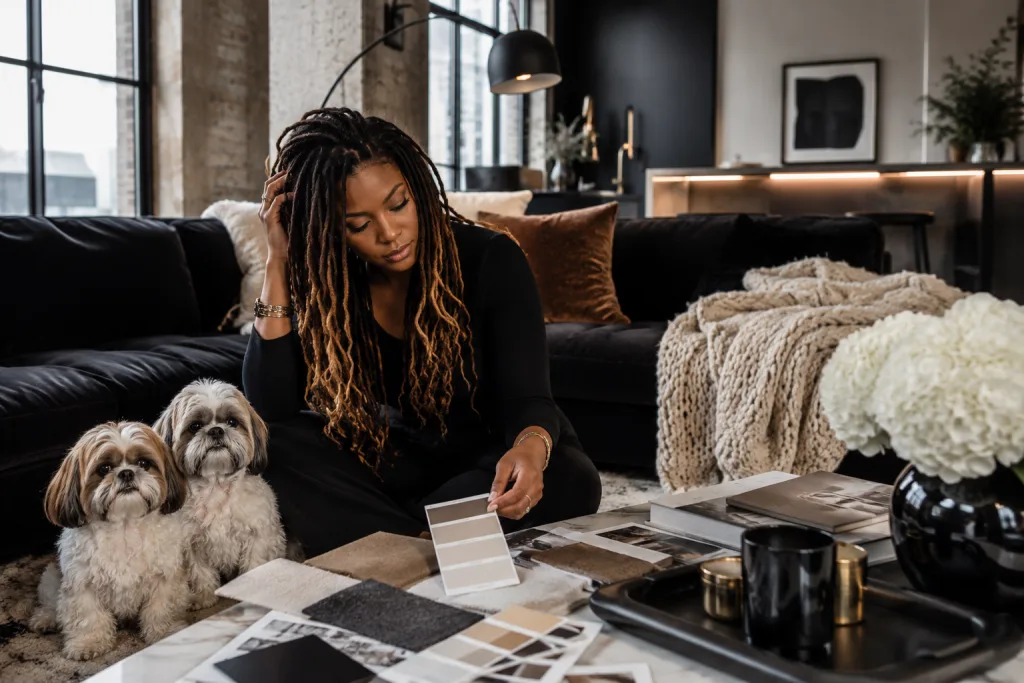 The Honest Truth About the 60-30-10 Rule in Interior Design - Black woman in dark luxe modern living room with her two puppies looking at paint color swatches.