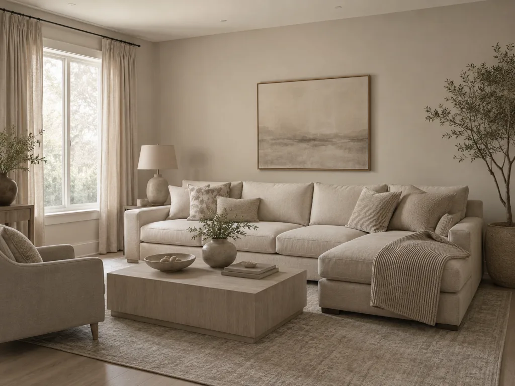 The Honest Truth About the 60-30-10 Rule in Interior Design -  Beige Living Room Interior Design with Indoor Plants