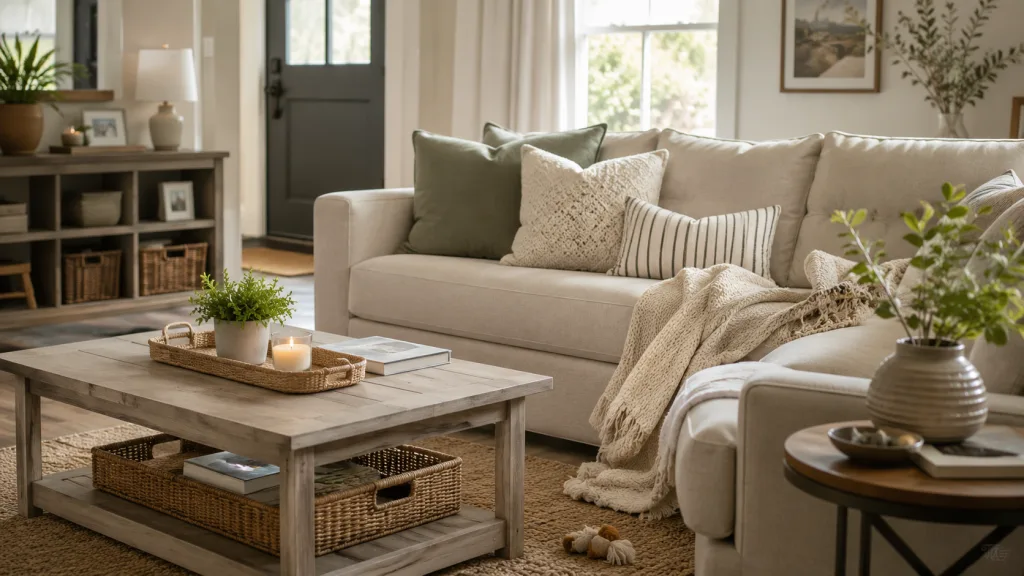 tidy neutral tones calm traditional modern living room organized with storage - lani does it