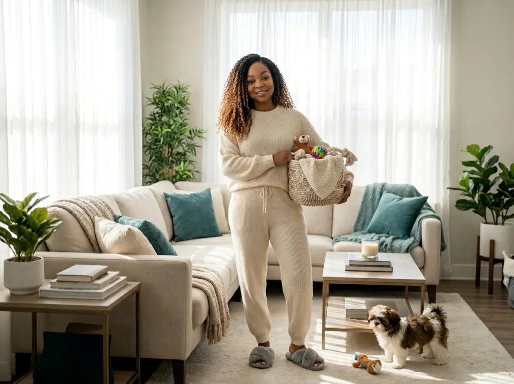 woman in living room with dog, sectional, sofa, tidying dog toys, The 5-Minute Lazy Girl Tidy Reset
