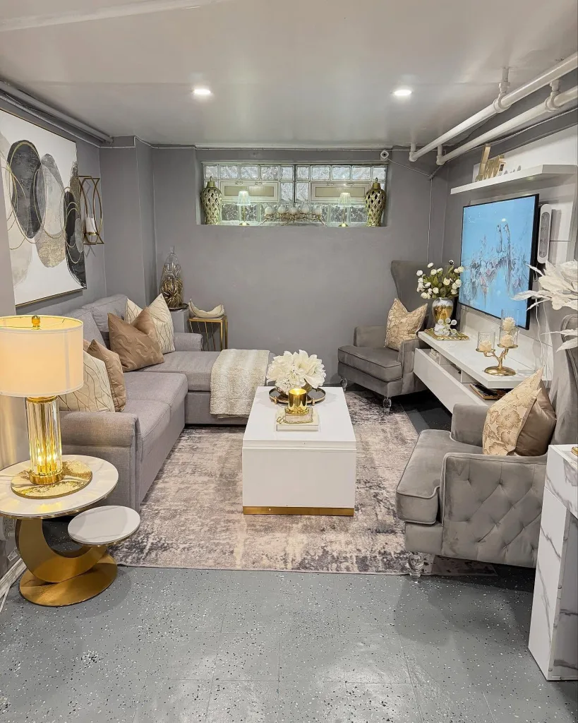 Glam Basement Living room - The Lazy Girl’s Easy Guide to a Tidy Home - Chic Basement living