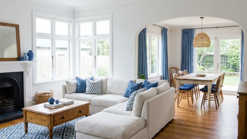 blue and white traditional timeless classic decor, white sofa, wooden table, large windows
