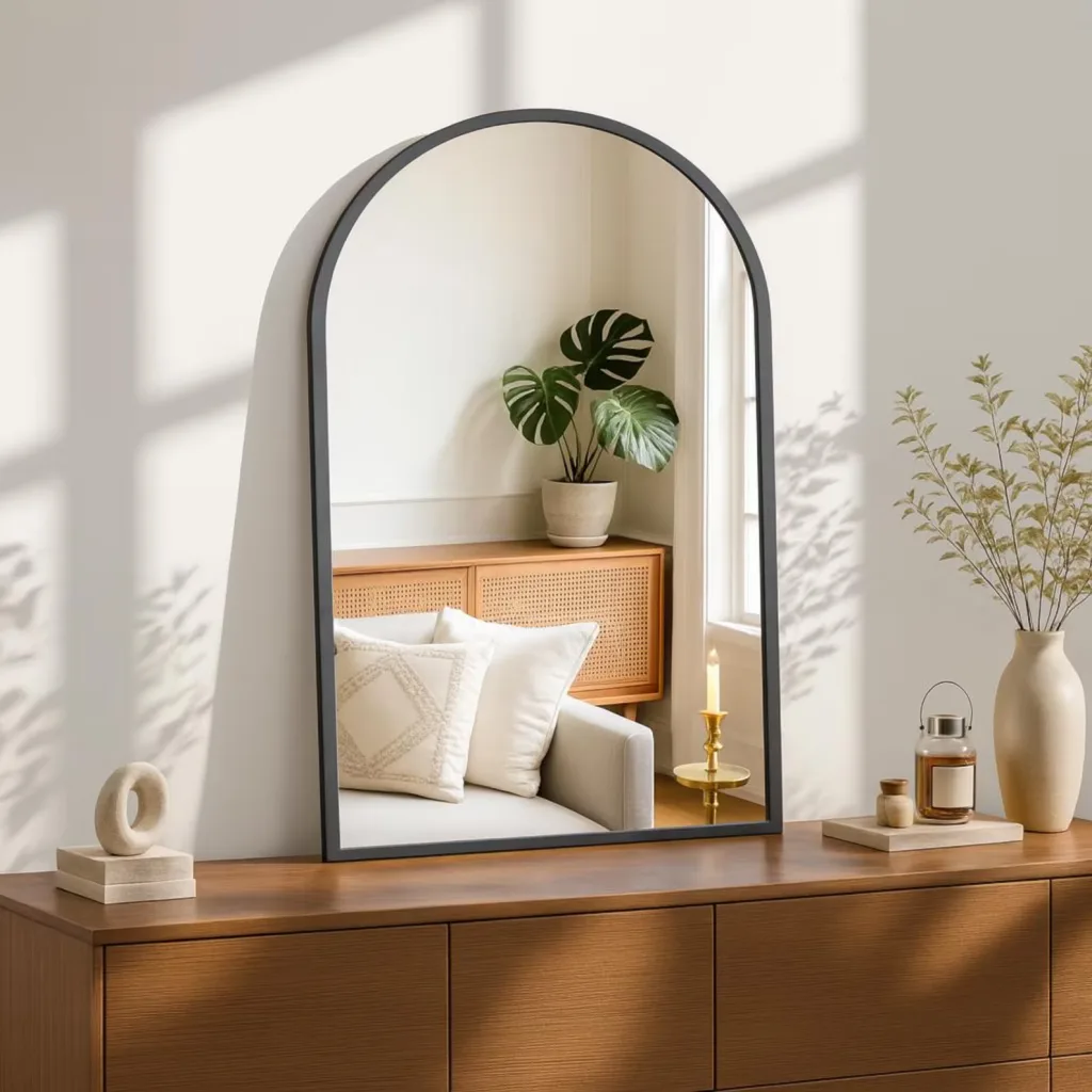 The Honest Truth About the 60-30-10 Rule in Interior Design - Sophisticated tall arched Black Edge Mirror Ideas for Living Room