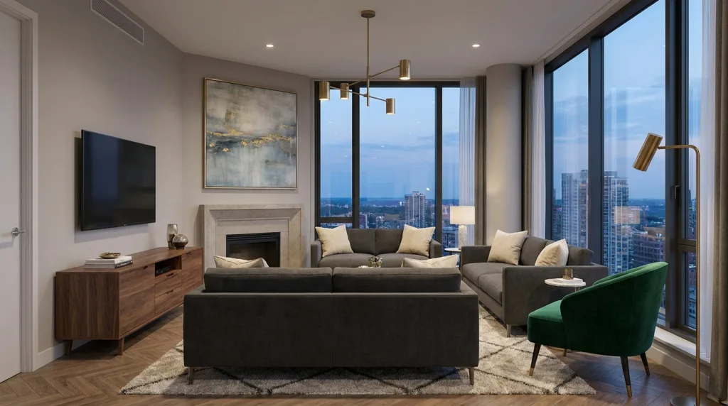 Modern highrise living room with a large area rug and artwork and gold ceiling light fixture